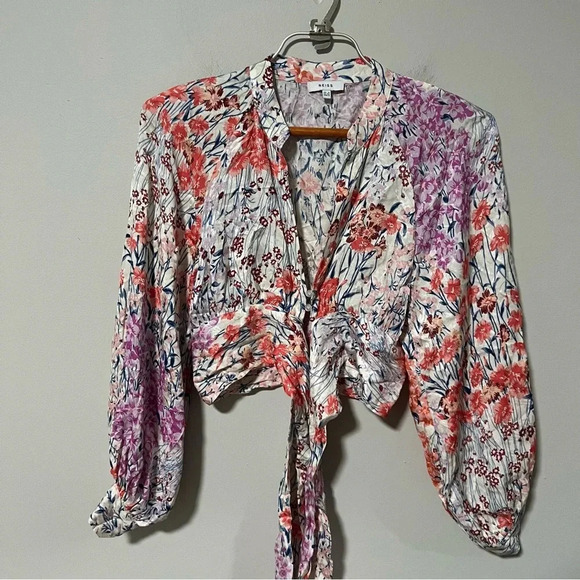 REISS ELLE FLORAL PRINT TIE FRONT CROPPED BLOUSE SIZE 0 - Picture 3 of 11